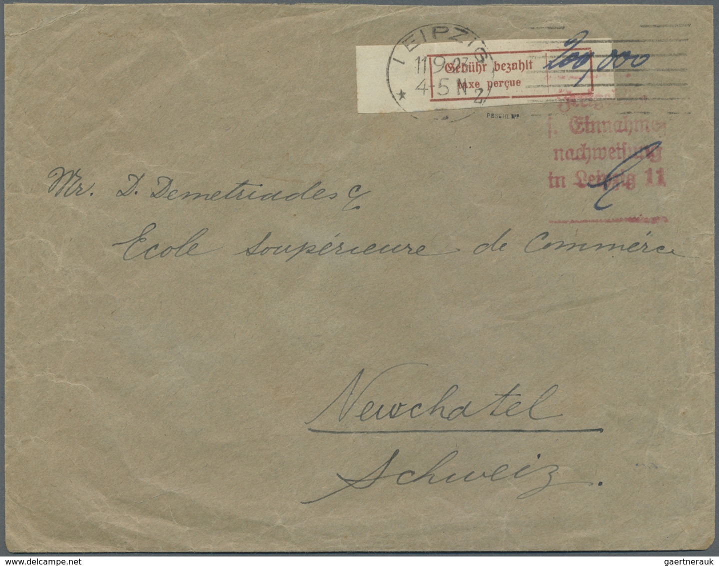 Br Deutsches Reich - Lokalausgaben 1918/23: LEIPZIG (OPD-BEZIRK):1923, Gebührenzettel, Linkes Randstück - Storia Postale