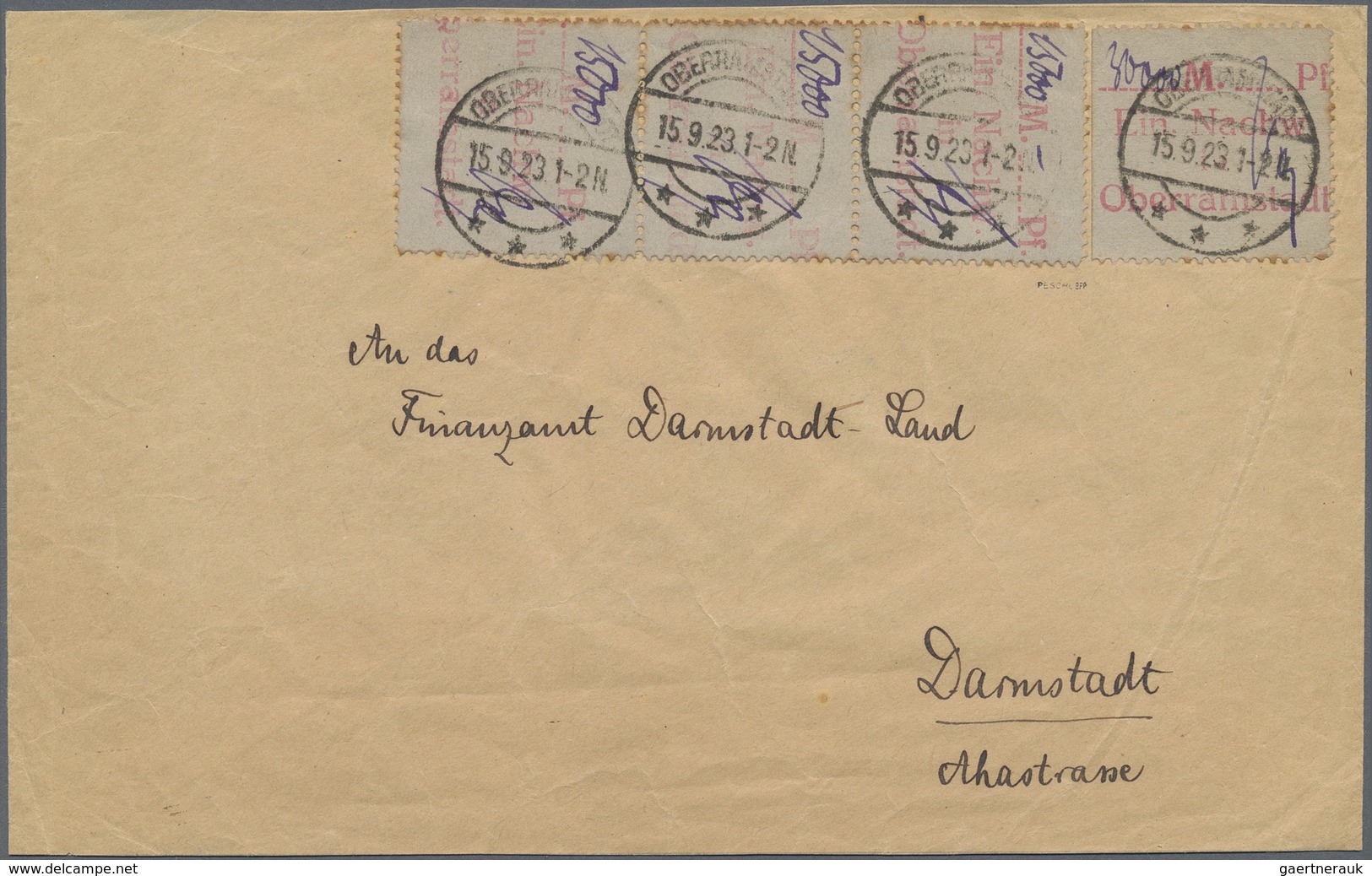 Br Deutsches Reich - Lokalausgaben 1918/23: OBERRAMSTADT: 1923, Gebührenzettel Mit Rotem Einnahm-Nachwe - Storia Postale