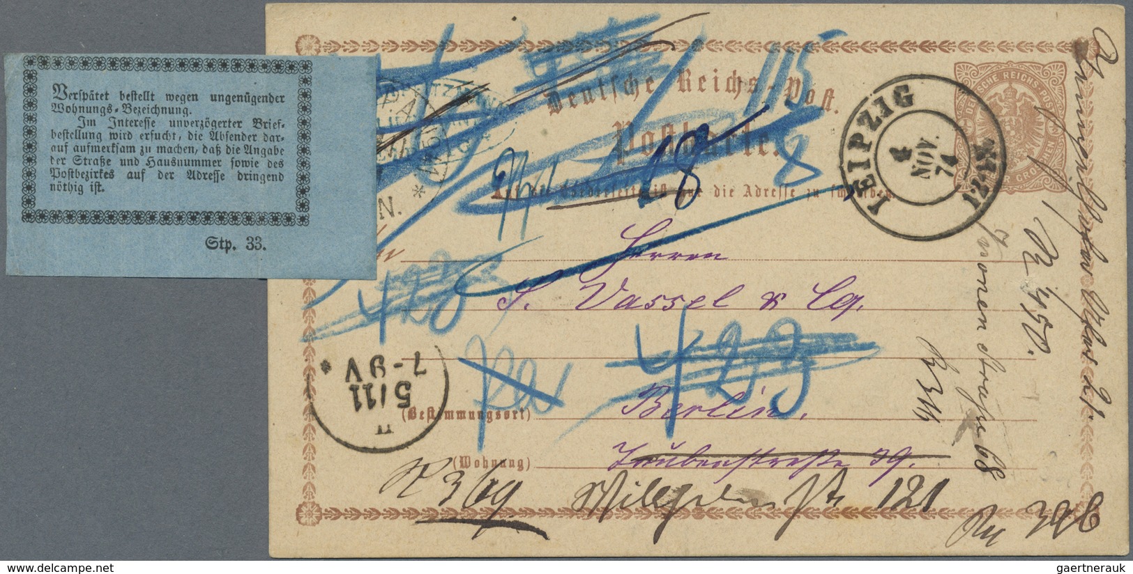 GA Deutsches Reich - Ganzsachen: 1873, GA-Karte 1/2 Gr. Mit 2 LEIPZIG 4 NOV 72" Mit Blauem Hinweiszette - Sonstige & Ohne Zuordnung
