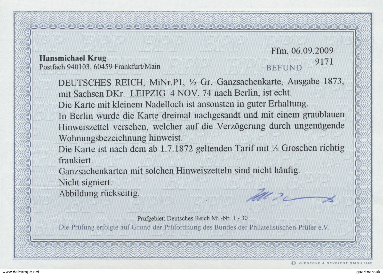 GA Deutsches Reich - Ganzsachen: 1873, GA-Karte 1/2 Gr. Mit 2 LEIPZIG 4 NOV 72" Mit Blauem Hinweiszette - Altri & Non Classificati