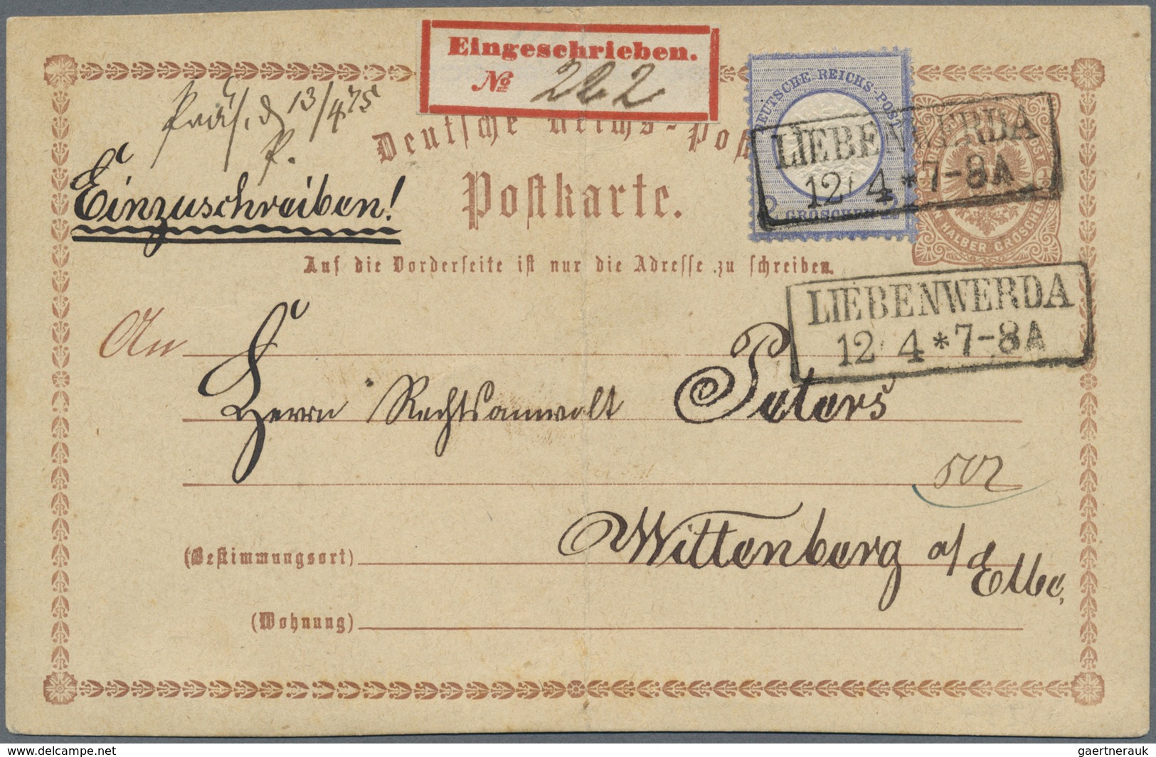 GA Deutsches Reich - Ganzsachen: 1873, 1/2 Gr GA-Karte Als Einschreiben Mit Zusatzfrankatur Grosser Sch - Sonstige & Ohne Zuordnung