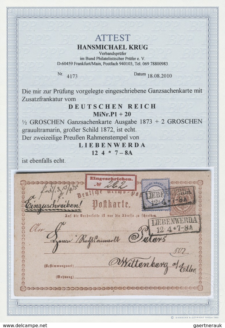 GA Deutsches Reich - Ganzsachen: 1873, 1/2 Gr GA-Karte Als Einschreiben Mit Zusatzfrankatur Grosser Sch - Autres & Non Classés