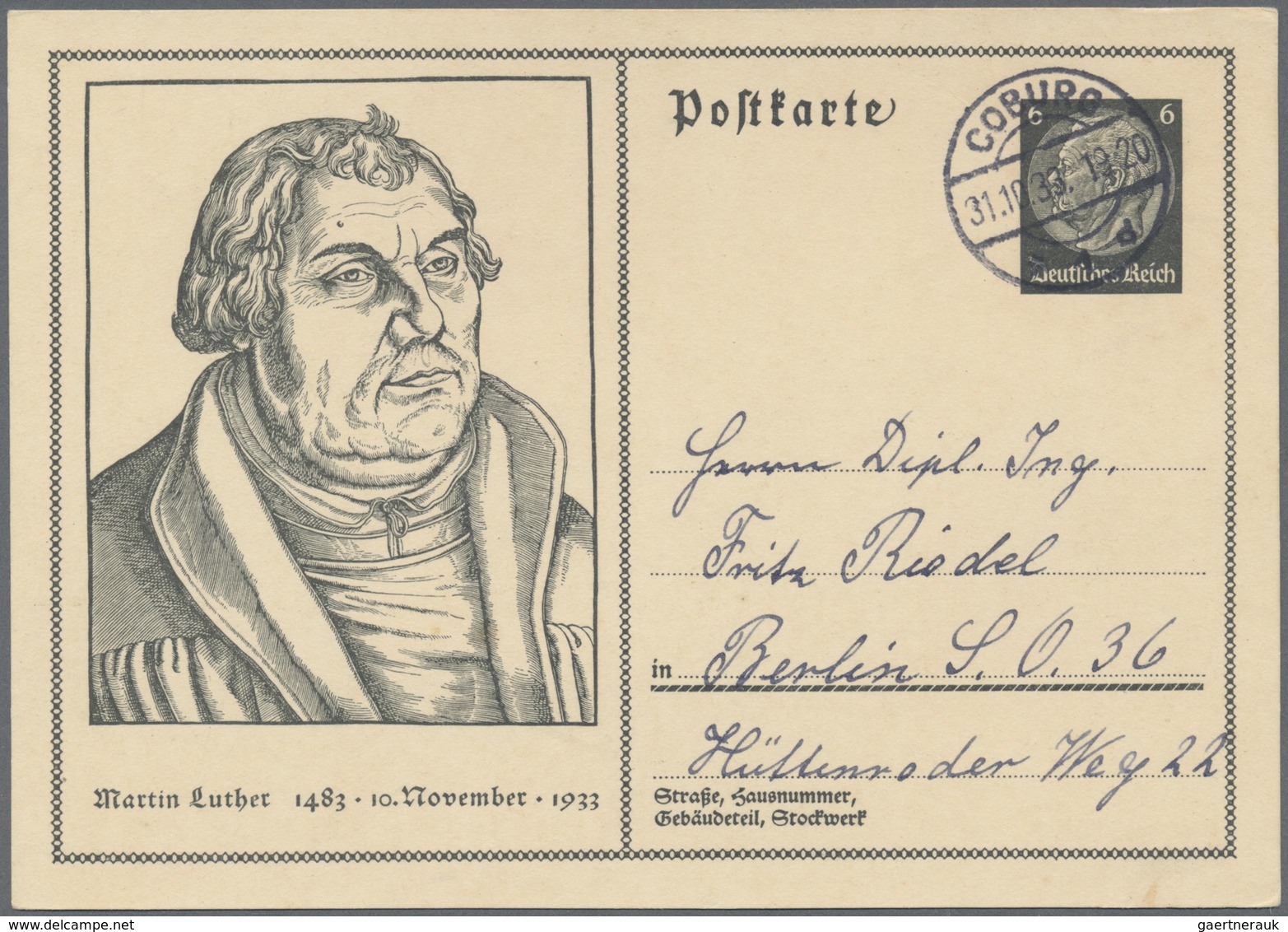 GA Deutsches Reich - Ganzsachen: 1933, 6 Pfg. Gedenkpostkarte Zum 450. Geburtstag Dr. Martin Luthers, G - Altri & Non Classificati