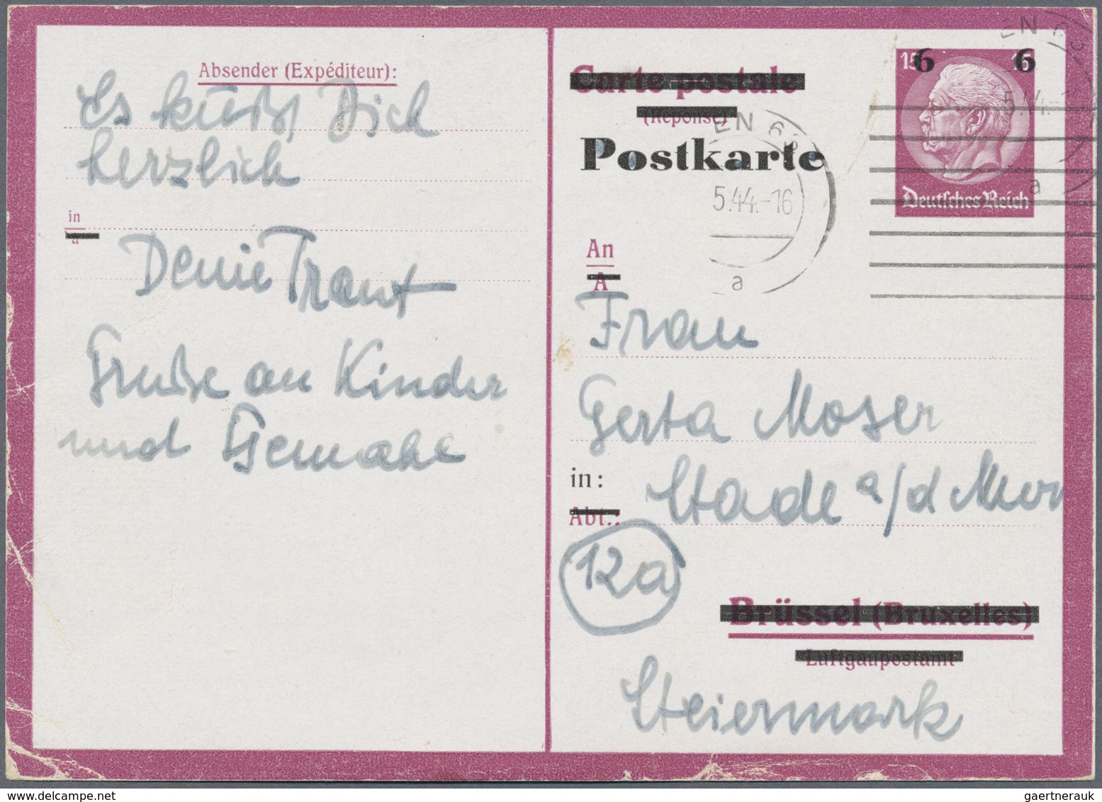 GA Deutsches Reich - Ganzsachen: 1944. Überdruckte Fremdarbeiterkarte 6 Pf Auf 15 Pf, Kreidekarton, Ab - Autres & Non Classés