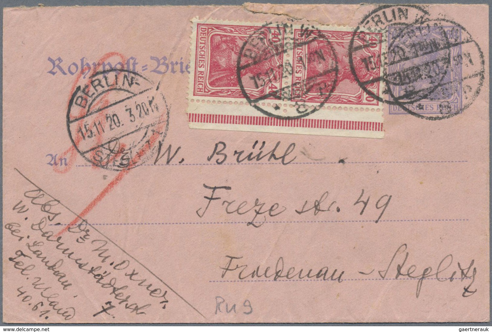 GA Deutsches Reich - Ganzsachen: 1920/1930, ROHRPOST-BERLIN: 5 Ganzsachenumschläge Mit Zusatzfrankatur, - Sonstige & Ohne Zuordnung