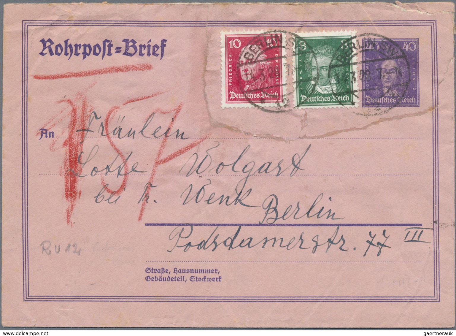 GA Deutsches Reich - Ganzsachen: 1920/1930, ROHRPOST-BERLIN: 5 Ganzsachenumschläge mit Zusatzfrankatur,
