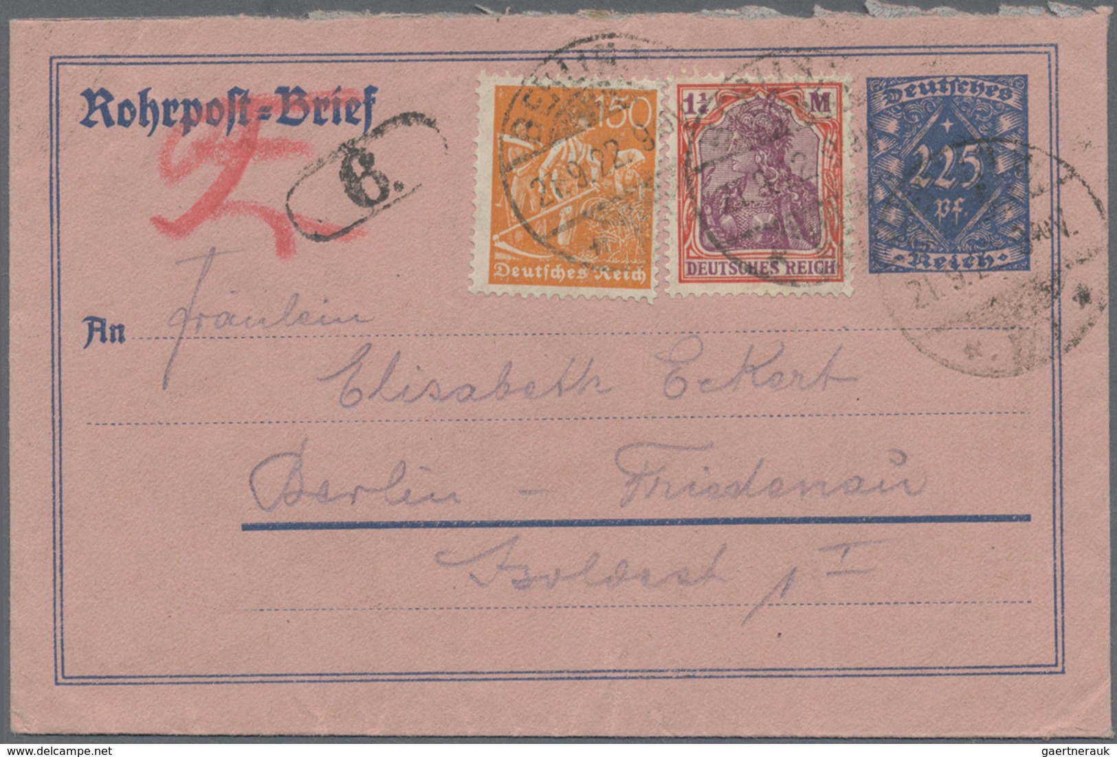 GA Deutsches Reich - Ganzsachen: 1922, 225 Pfg. Rohrpost-Ganzsachenbrief Mit Portogerechter Zusatzfrank - Altri & Non Classificati