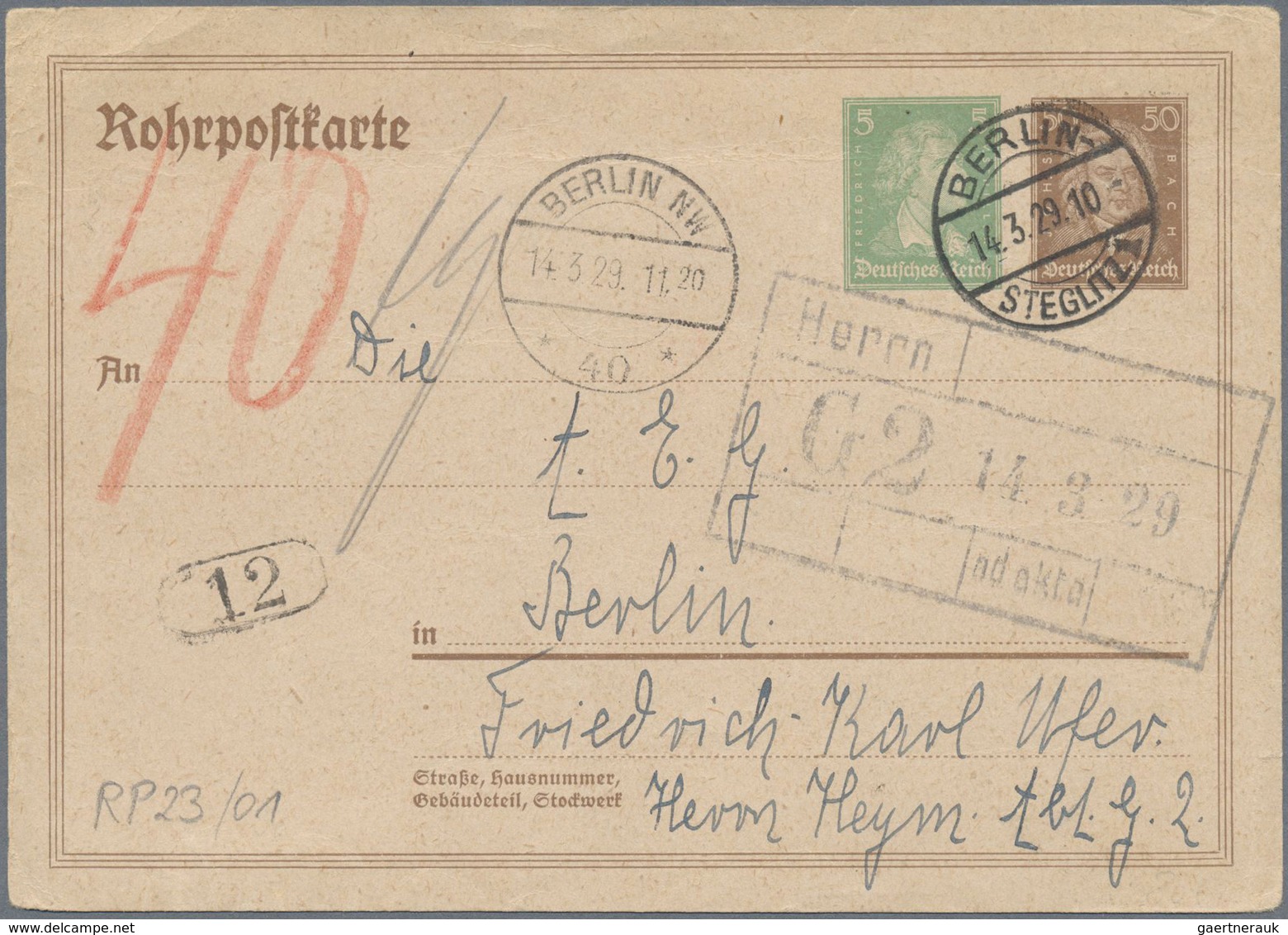 GA Deutsches Reich - Ganzsachen: 1891/1929, ROHRPOST-BERLIN: 3 RP-Ganzsachenkarten incl. einer Privatga