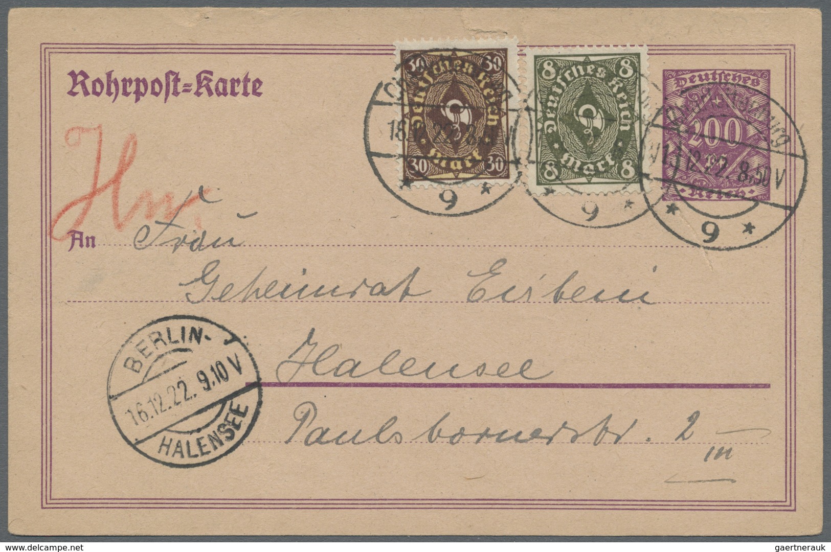 GA Deutsches Reich - Ganzsachen: 1922, 200 Pf Lila Rohrpostkarte Mit Zusatzfrankatur 8 Und 30 Mark Post - Sonstige & Ohne Zuordnung