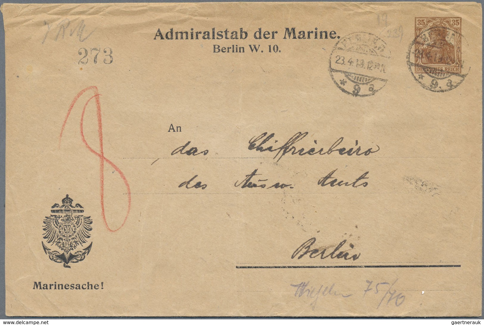 GA Deutsches Reich - Ganzsachen: 1919, Dienstbrief "Admiralstab Der Marine", Ortsgebr. Berlin, Auflage - Sonstige & Ohne Zuordnung