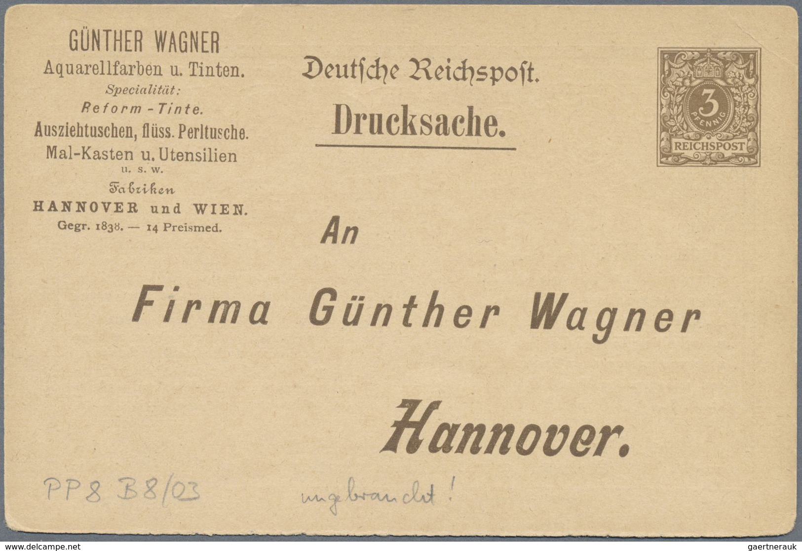 GA Deutsches Reich - Privatganzsachen: 1900, 3 Pfg Krone/Adler Privat-Ganzsachenkarte "Günther Wagner H - Autres & Non Classés