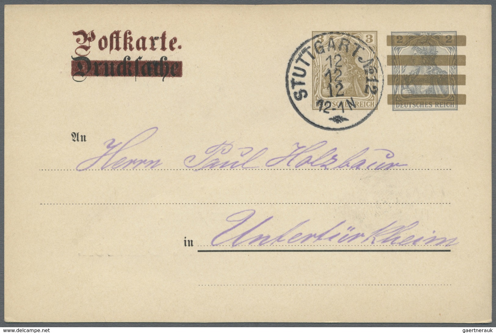 GA Deutsches Reich - Privatganzsachen: 1912. Privater Aufdruck "Postkarte" über Durchbalkt "Drucksache" - Autres & Non Classés