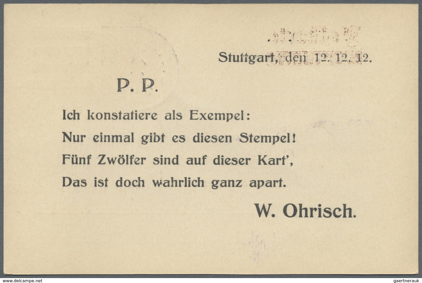 GA Deutsches Reich - Privatganzsachen: 1912. Privater Aufdruck "Postkarte" über Durchbalkt "Drucksache" - Autres & Non Classés