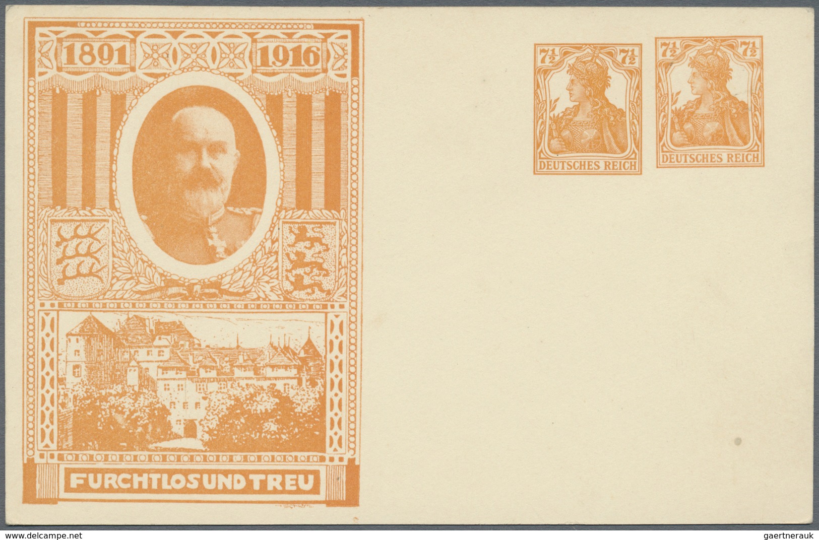 GA Deutsches Reich - Privatganzsachen: 1916. Privat-Postkarte 7½Pf Neben 7½Pf Orange Germania "1891-191 - Autres & Non Classés