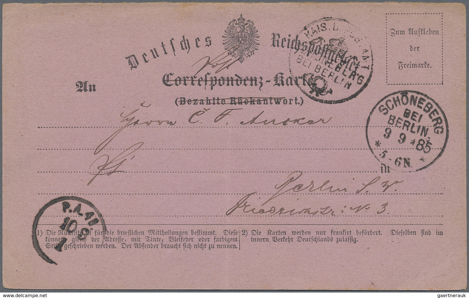 Br Deutsches Reich - Stempel: 1885, Rosa Antwortkartenformular Der Deutschen Reichspost In Aussergewöhn - Macchine Per Obliterare (EMA)