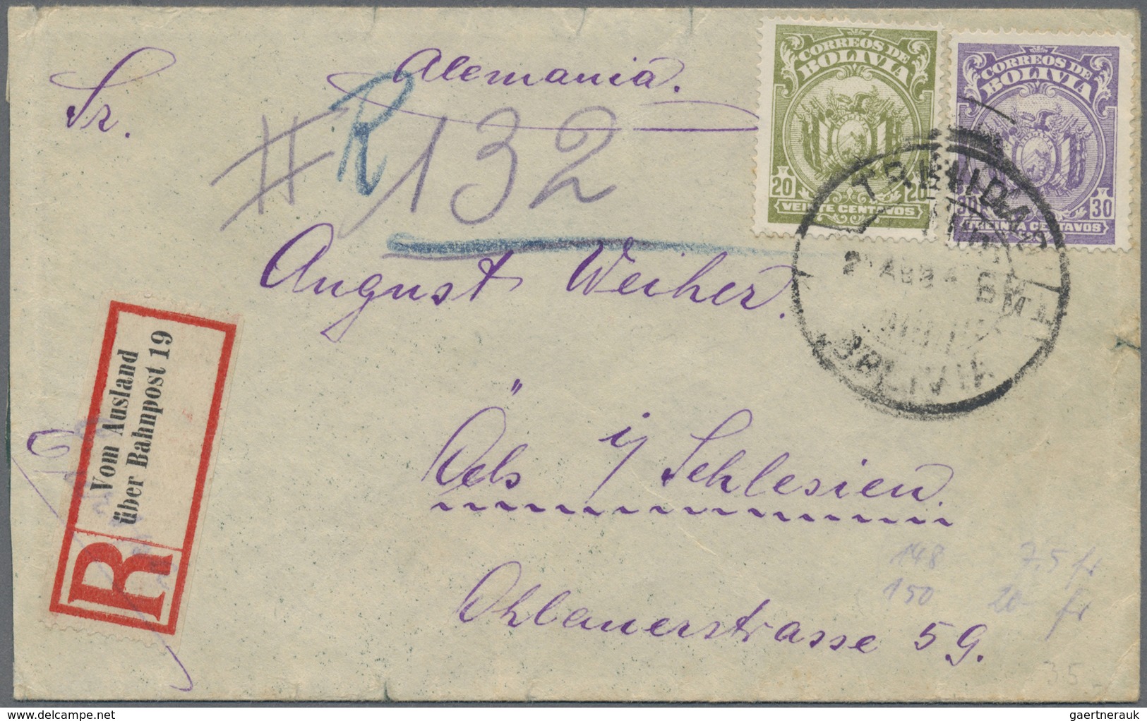 Br Deutsches Reich - Bahnpost: INCOMMING MAIL: 1933, Bolivien 20 Cent. Olivgrün Und 30 Cent. Violett Au - Autres & Non Classés