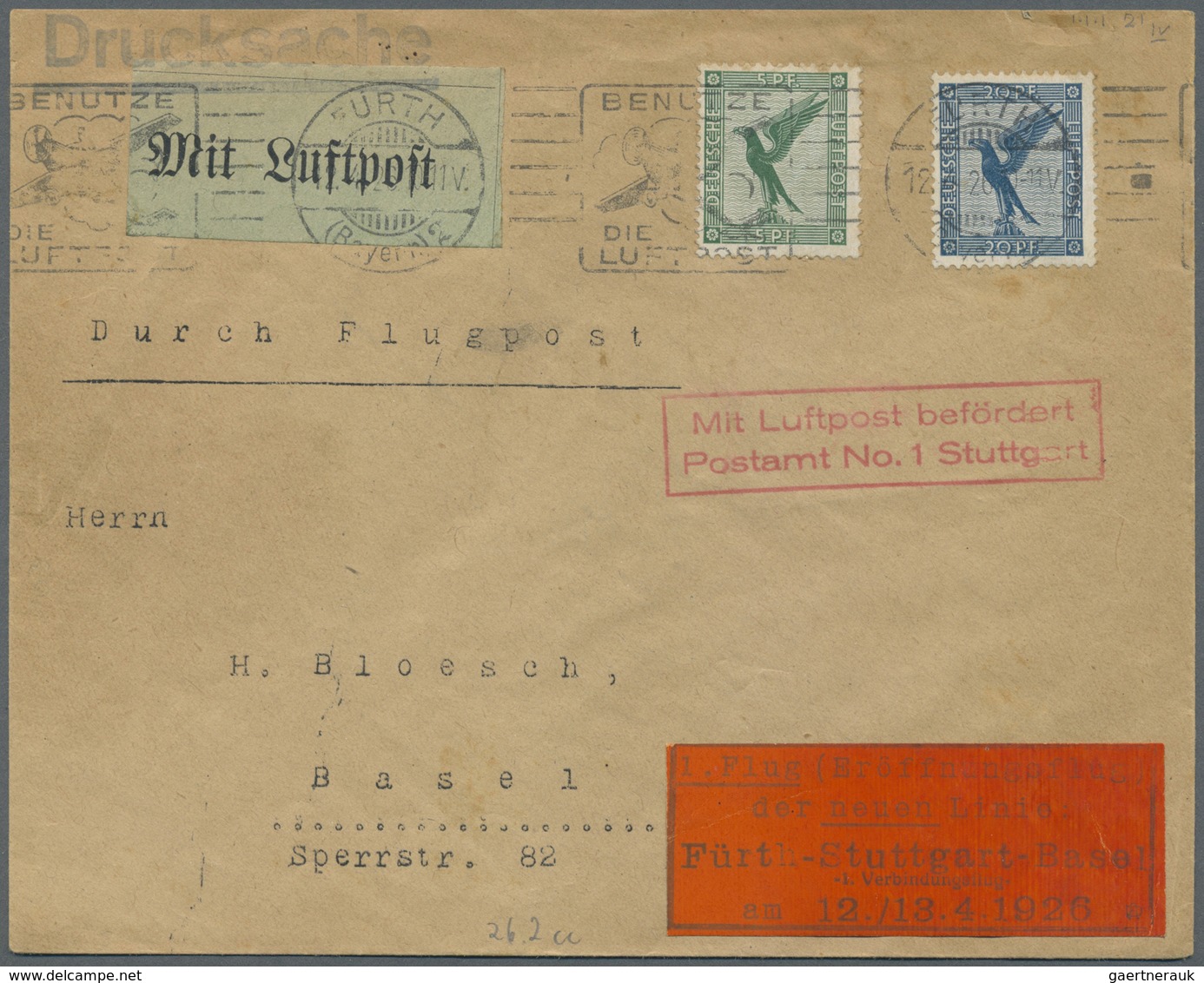 Br Deutsches Reich - Besonderheiten: 1926 FLUGPOST: Brief Zum Erstflug Fürth-Stuttgart-Basel Am 12.4.19 - Sonstige & Ohne Zuordnung