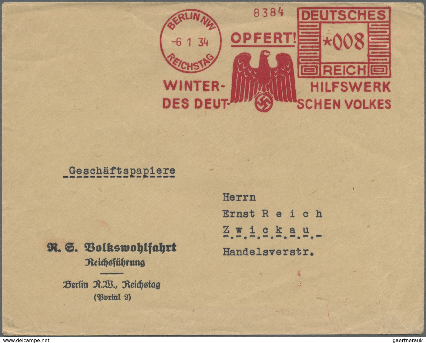 Br Deutsches Reich - Besonderheiten: 1934, 6.1., Berlin NW Reichstag, 8 Pfg., Dekorativer WHW Freistemp - Sonstige & Ohne Zuordnung