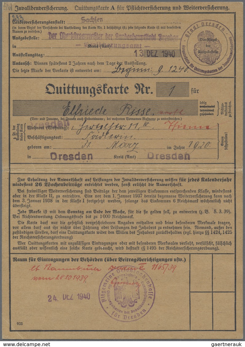 Deutsches Reich - Besonderheiten: Invalidenversicherungskarte, Geklebt Von 12.1940 Bis 6.1942. Die K - Altri & Non Classificati