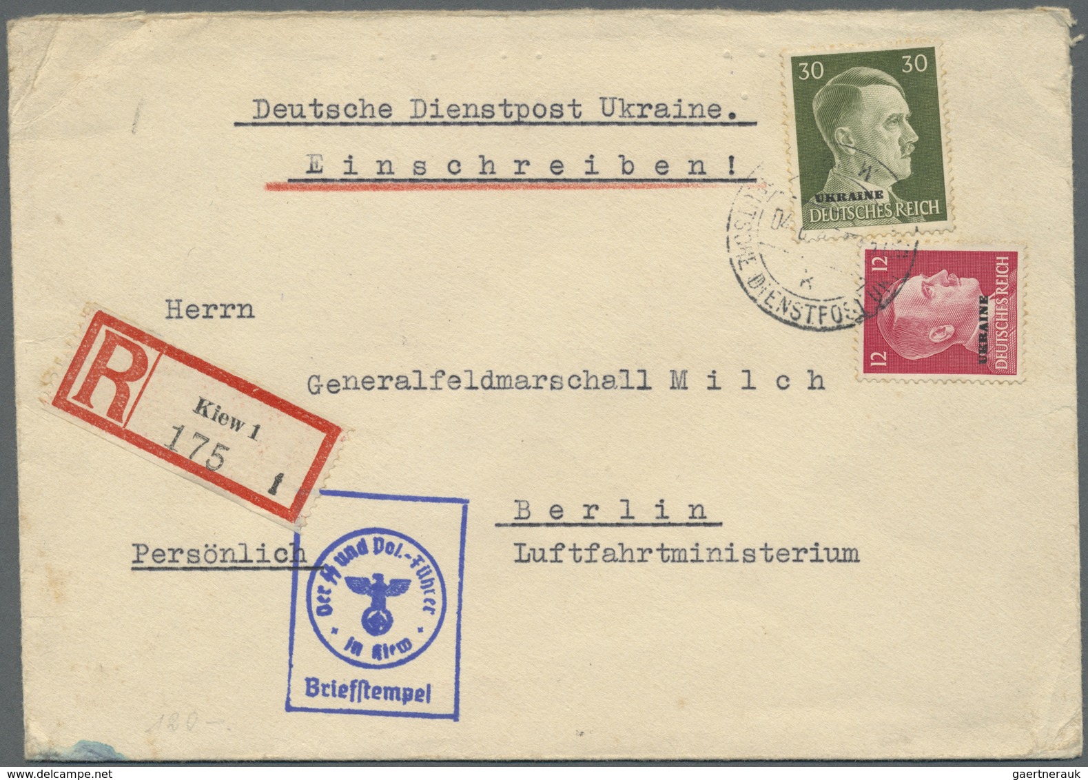 Br Deutsches Reich - Besonderheiten: 1943, DDP Ukraine Mit Blauem Briefstempel "Der SS Und Pol. Führer - Altri & Non Classificati