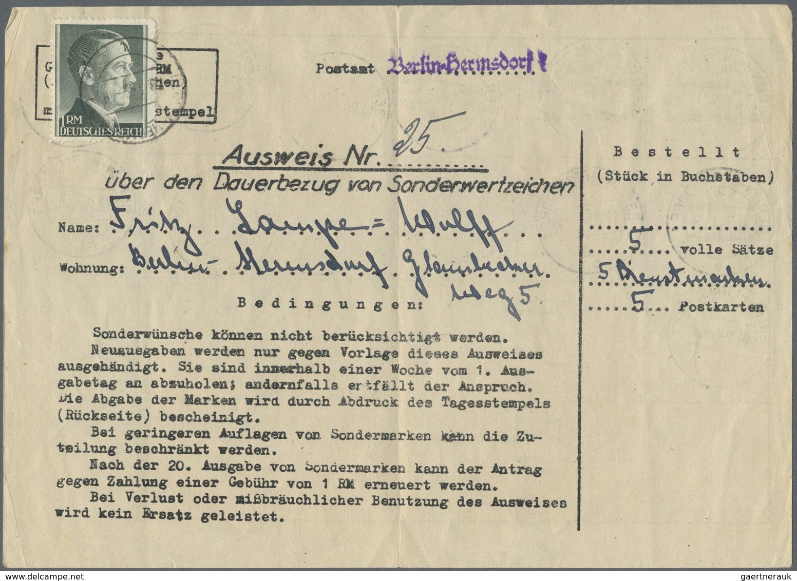 Br Deutsches Reich - Besonderheiten: 1945, 1 RM Hitler Auf Sammlerausweis Nummer 25 Für Den Dauerbezug, - Sonstige & Ohne Zuordnung