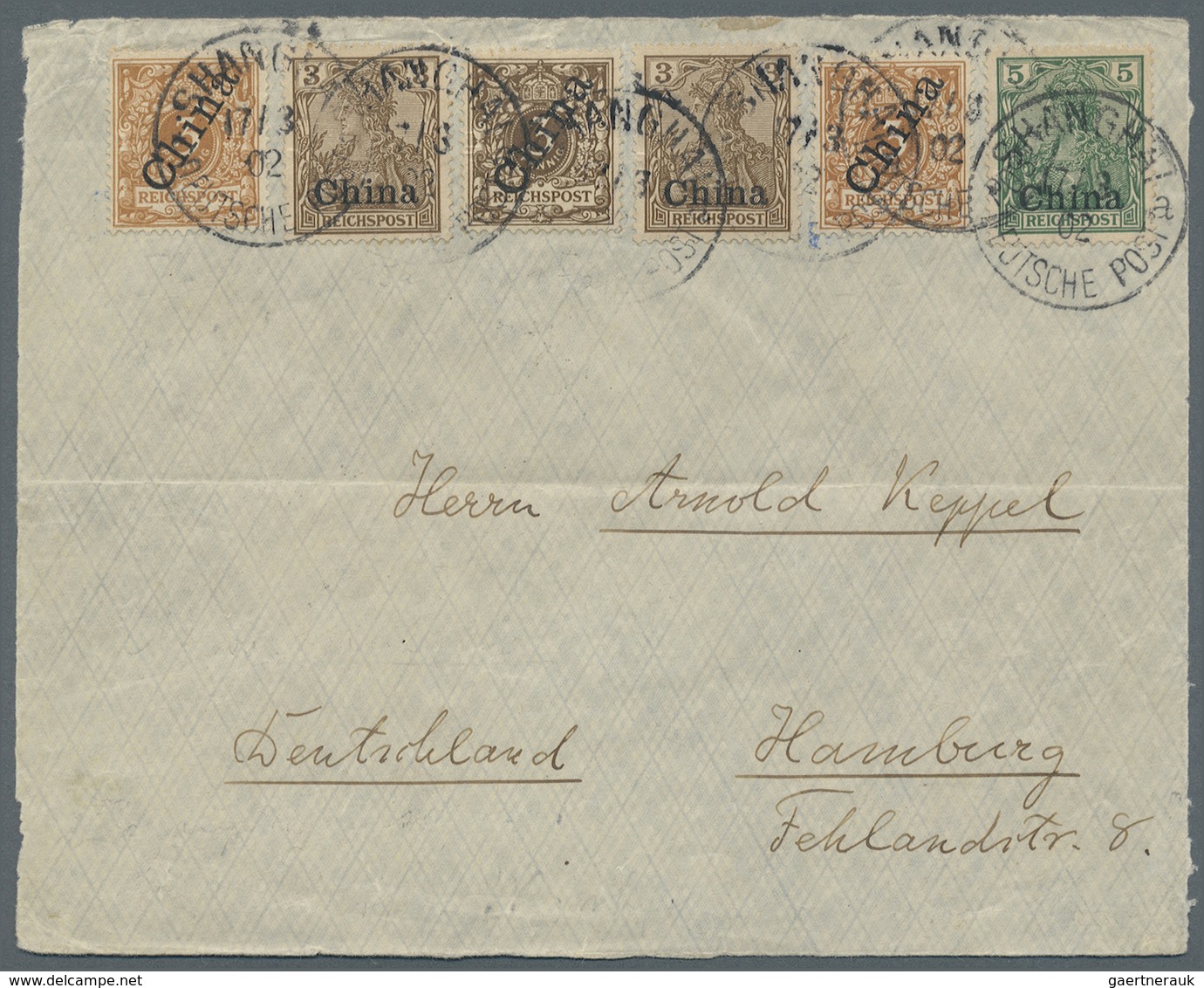 Br/Brfst Deutsche Post In China: 1902, 3 Pfg. Krone/Adler Lebhaftbraunocker Mit Steilem Aufdruck, 2 Einzelmar - Cina (uffici)
