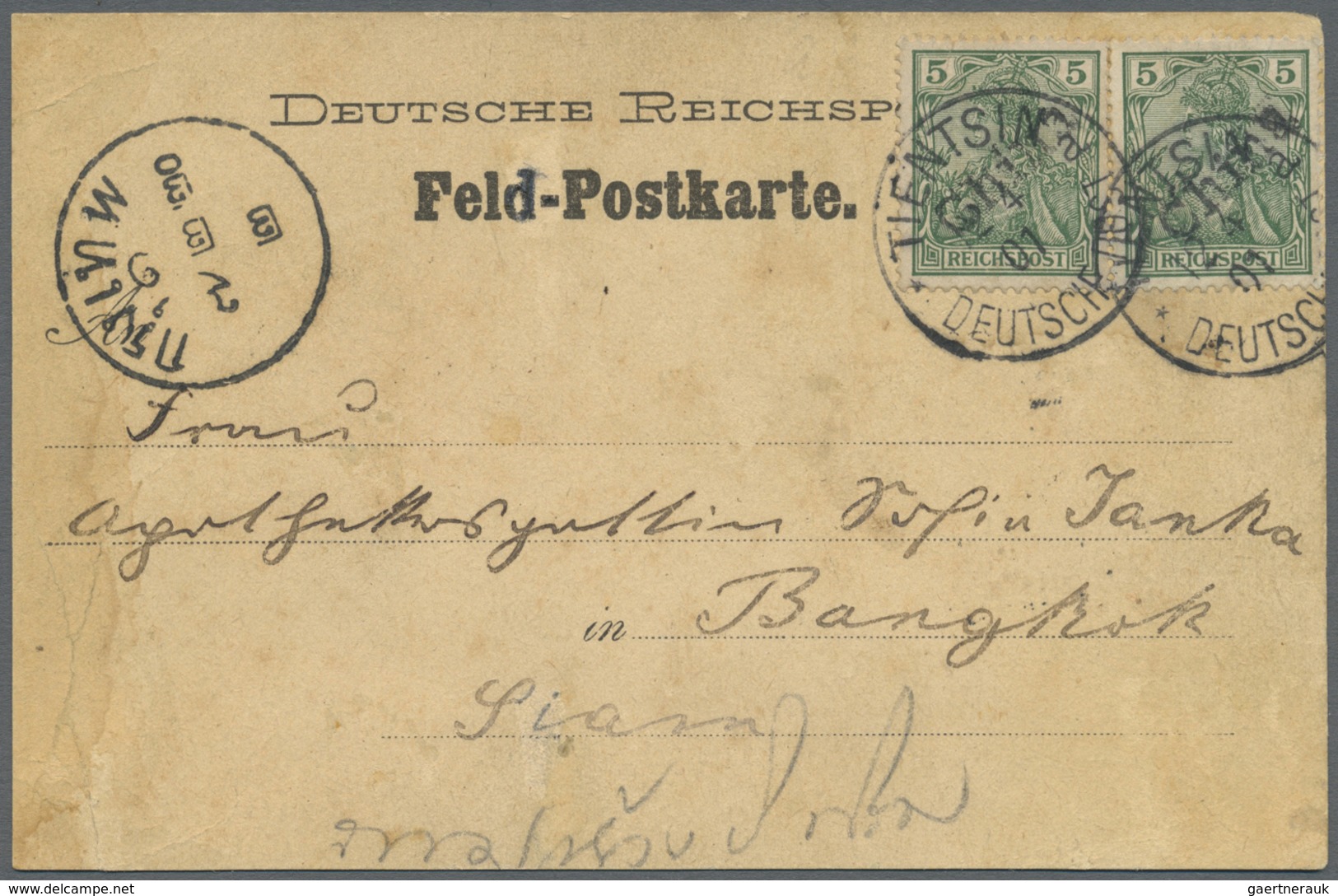 Deutsche Post In China: 1901, Germania 5 Pf Mit Handstempelaufdruck, Gebraucht Mit Einkreisstempel " - Cina (uffici)