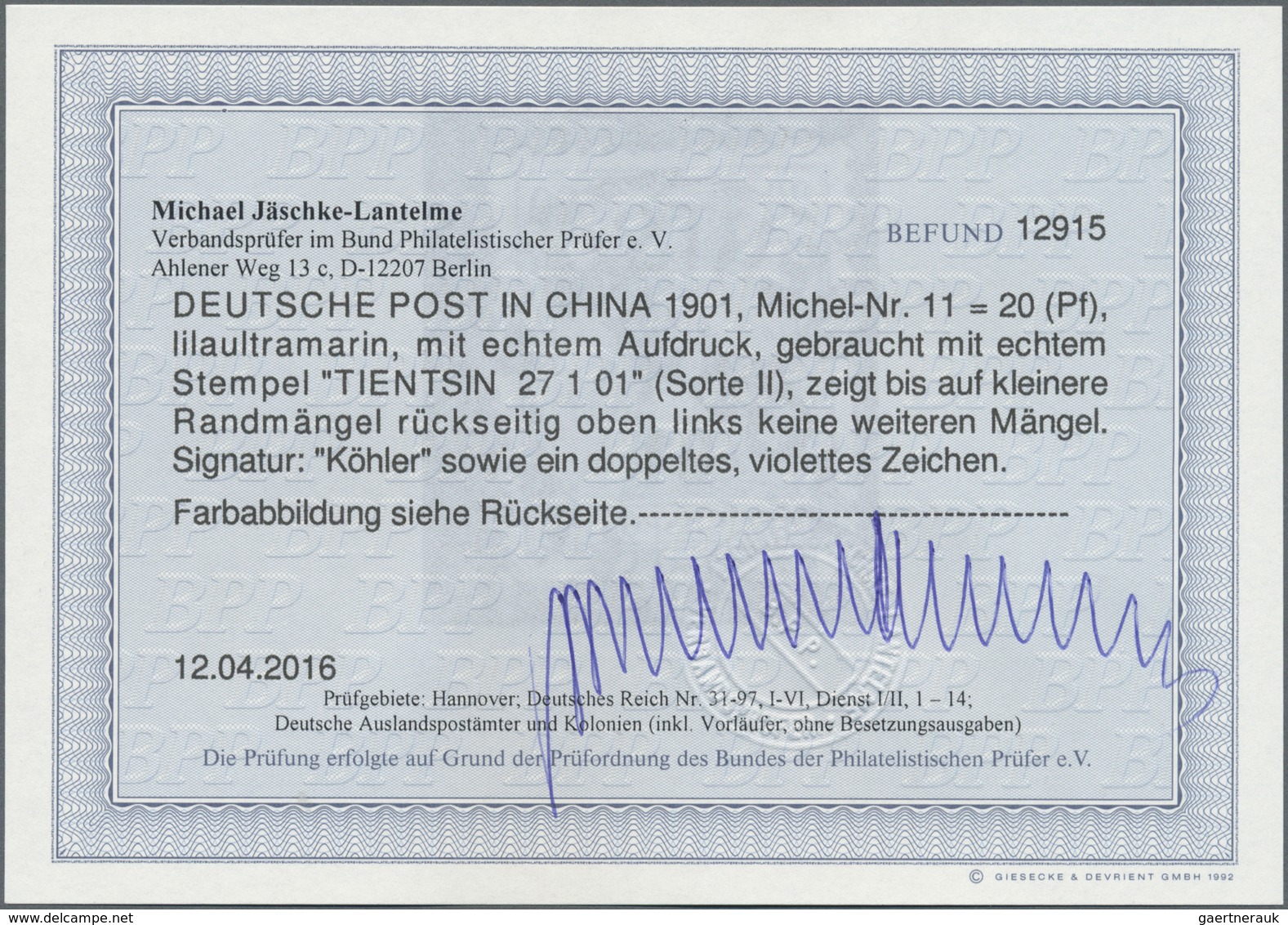 O Deutsche Post In China: 1900, 20 Pf Lilaultramarin Mit HANDSTEMPEL-AUFDRUCK "China" Entwertet Mit Ec - Deutsche Post In China