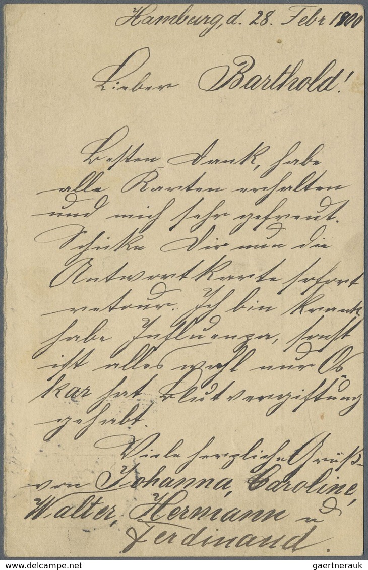 GA Deutsche Post In China - Ganzsachen: 1900, 5 Pf. Antwortteil Ab „HAMBURG-UHLENHORST 2 3 00“ An „Torp - Chine (bureaux)