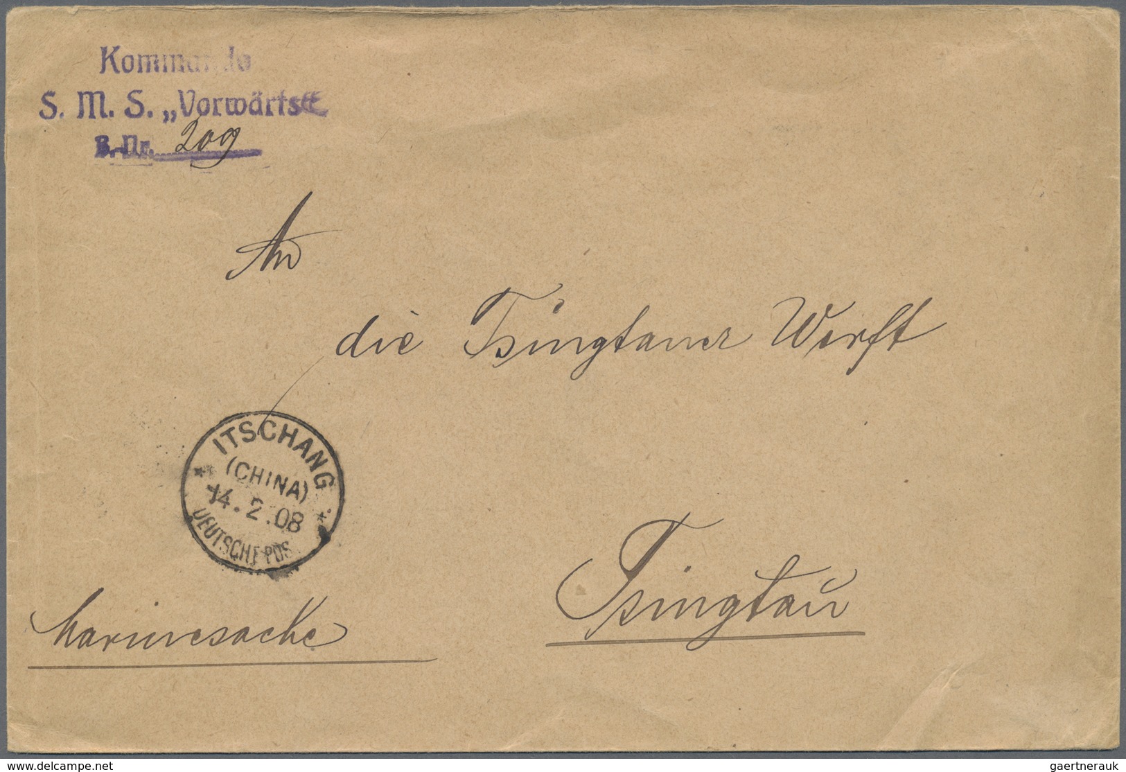 Br Deutsche Post In China - Stempel: German Offices, 1908. Stampless Envelope Addressed To Tsingtau Can - Deutsche Post In China