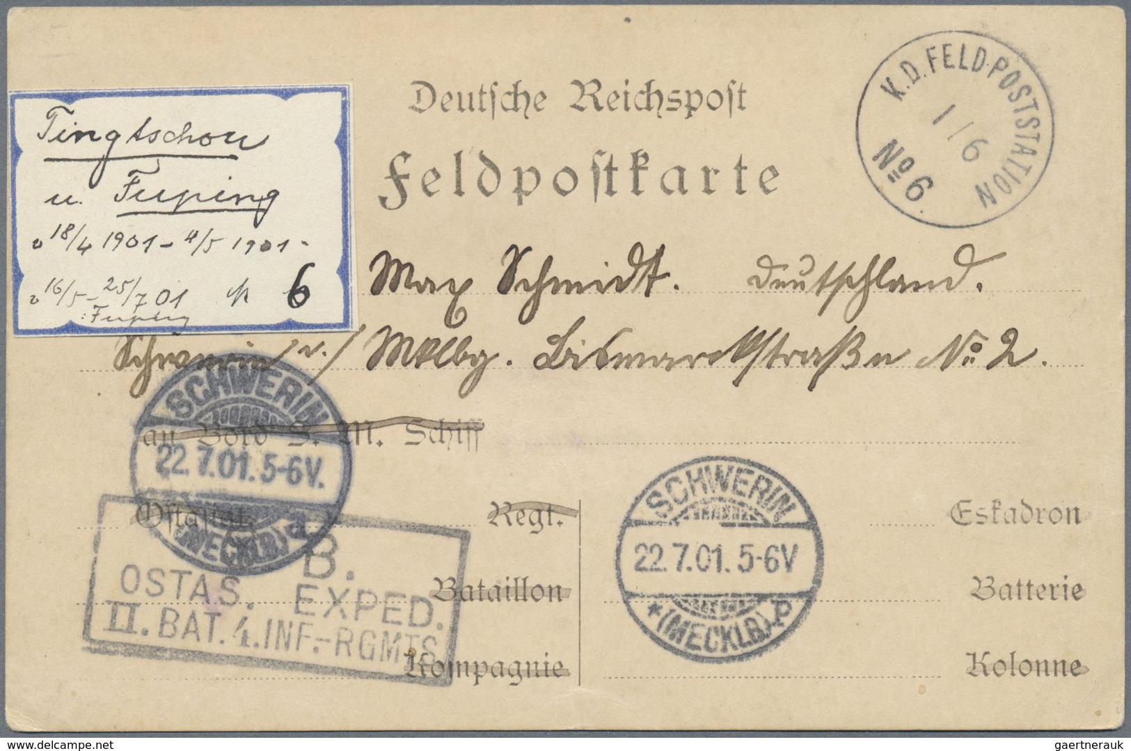 Br Deutsche Post In China - Stempel: 1901, "K.D.FELD-POSTSTATION No. 6" (= Fuping) Luxusabschlag Des Se - Cina (uffici)