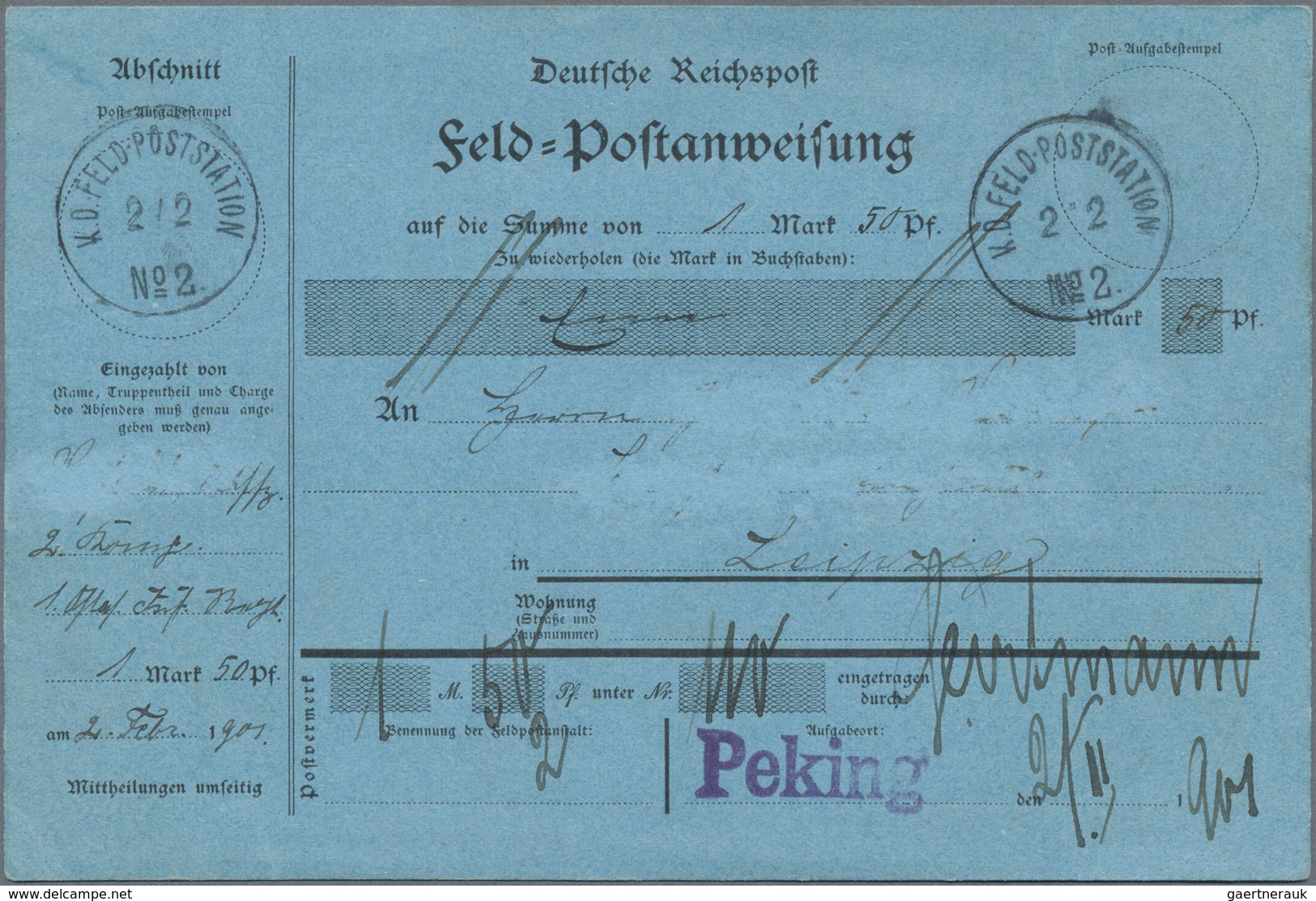 Br Deutsche Post In China - Besonderheiten: 1901 (2.2.), Blaues Formular "Feld-Postanweisung" Mit Anhän - Cina (uffici)