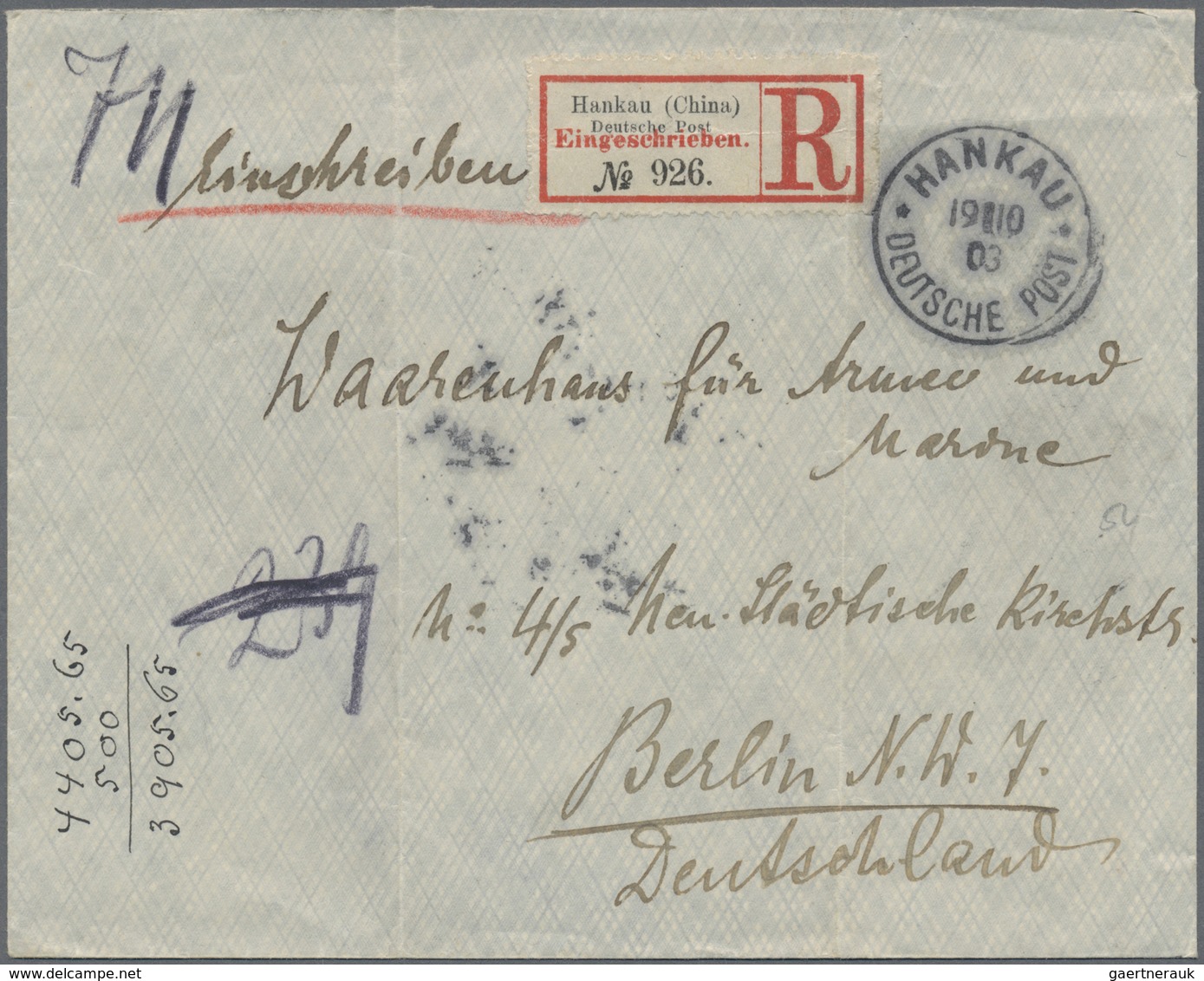 Br Deutsche Post In China - Besonderheiten: 1903: Hankau. Einschreibe-Briefkuvert Mit Eindruck Toepffer - Chine (bureaux)