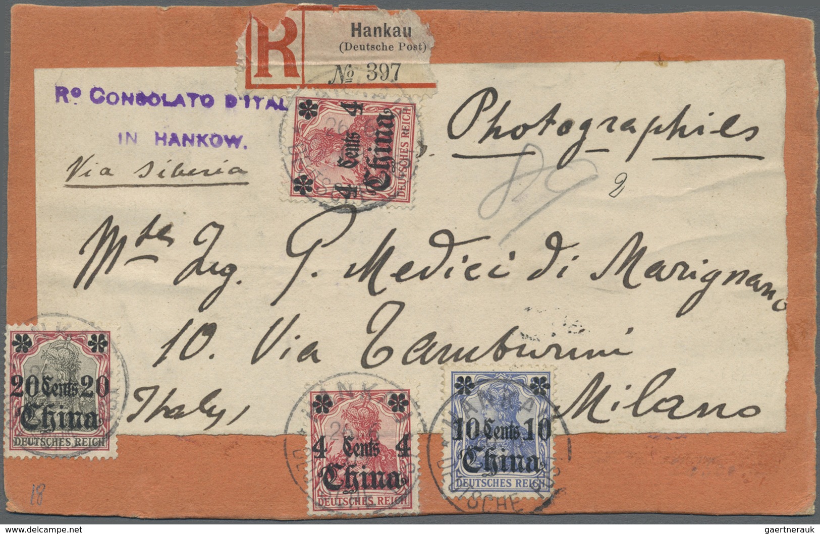 Br/Brfst Deutsche Post In China - Besonderheiten: 1909 (26.6.), 2x 4 C., 10 C. Und 20 . (Frankatur Leichte Be - Deutsche Post In China