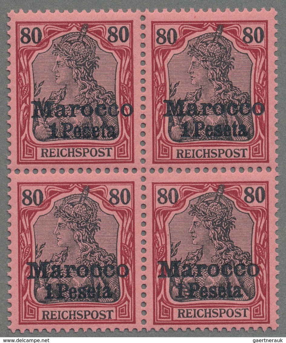 ** Deutsche Post in Marokko: 1900, der sog. fette Aufdruck, sechs postfrische Viererblöcke, dabei drei