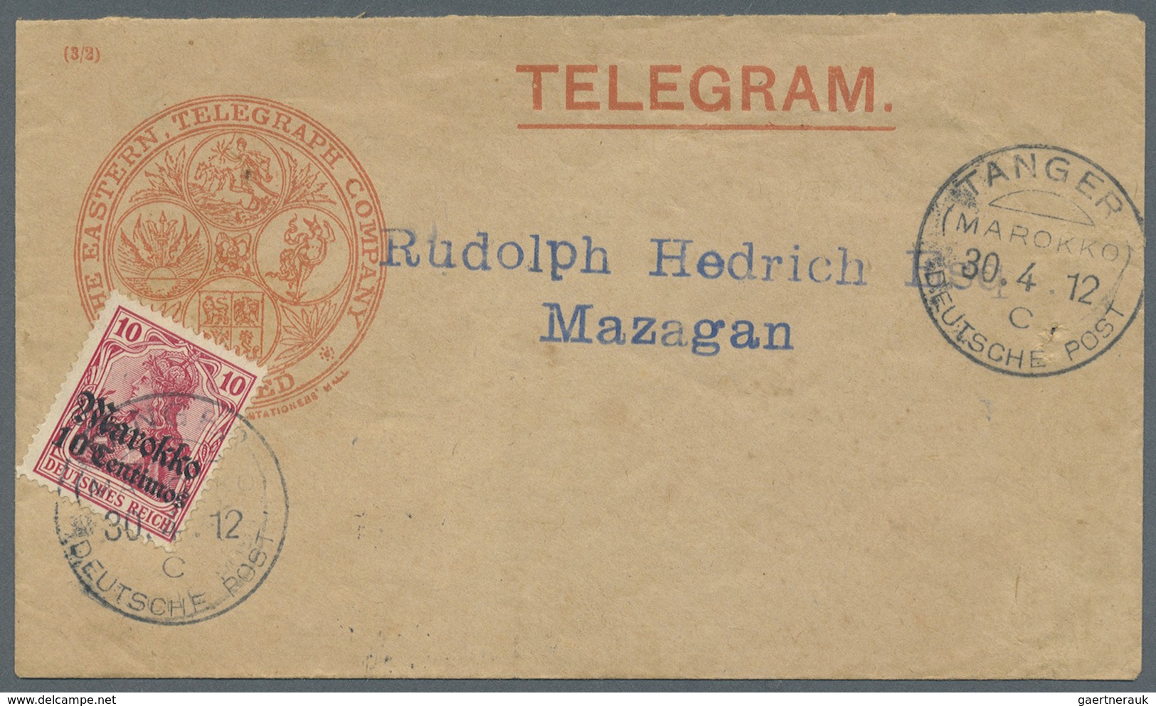 Br Deutsche Post In Marokko: 1912, 10 C. Auf 10 Pfg. Germania Auf Telegramm-Umschlag Mit Klarem, Roten - Maroc (bureaux)