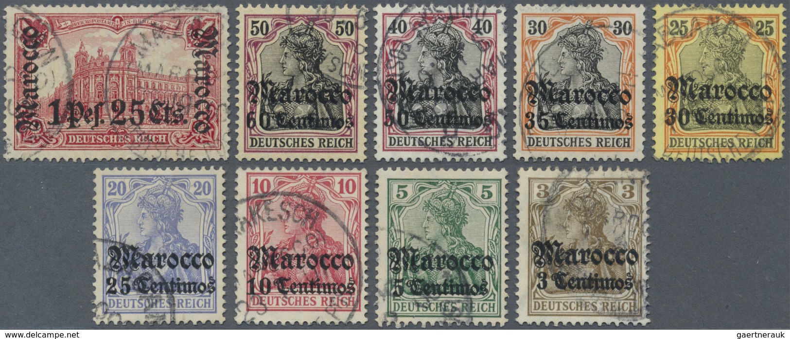 O Deutsche Post In Marokko: 1906. Lot Von 9 Gestempelten Werten, Dabei 1P 25C (runde Ecke) Und 50c. (M - Maroc (bureaux)