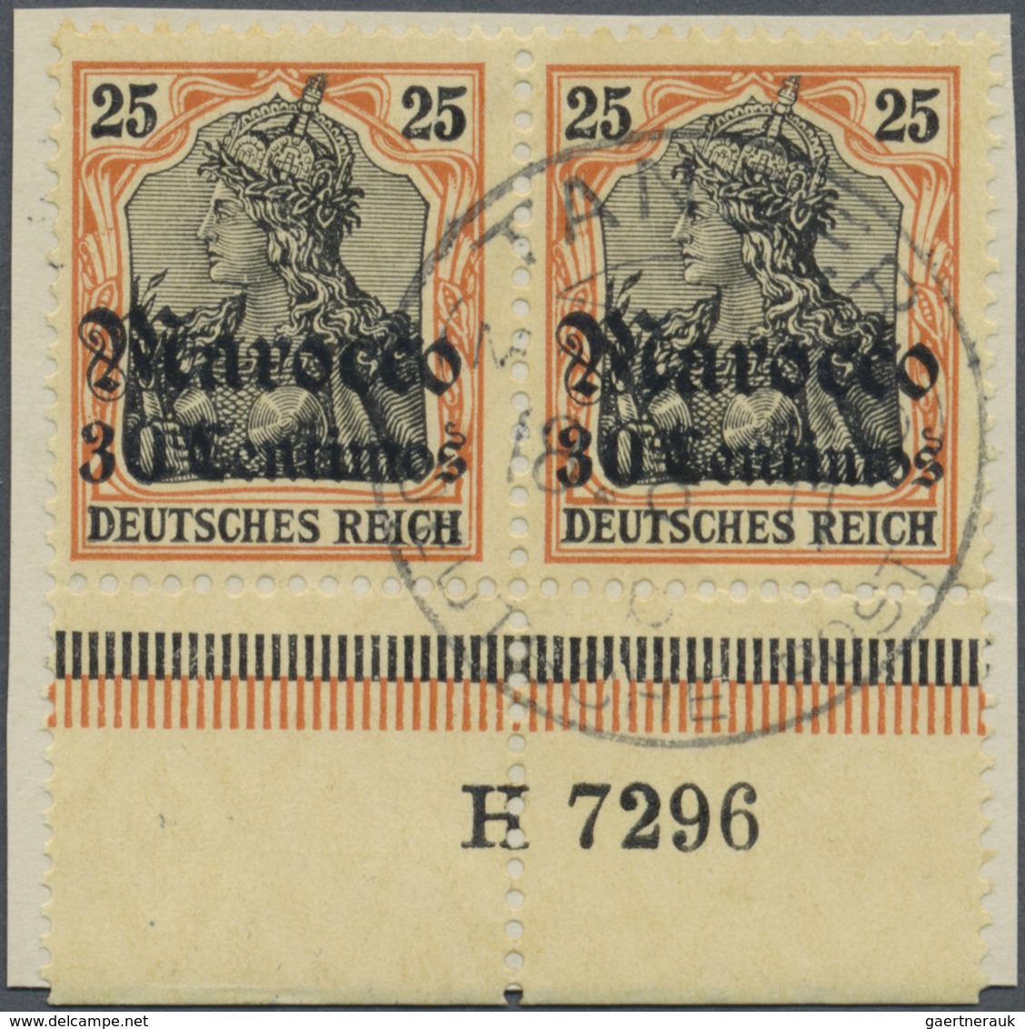Brfst Deutsche Post In Marokko: 1906, 30 C. Auf 25 Pfg. Im Waagerechten Unterrand-Paar Mit Aufdruck-HAN "H - Marocco (uffici)