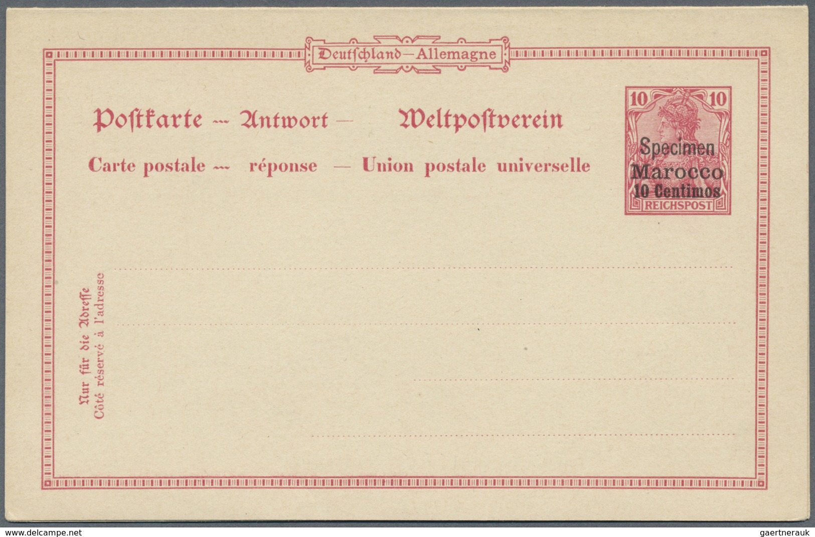 GA Deutsche Post In Marokko - Ganzsachen: Doppelkarte 10 Pf Germania Als Probedruck Mit Geänderter Adre - Maroc (bureaux)