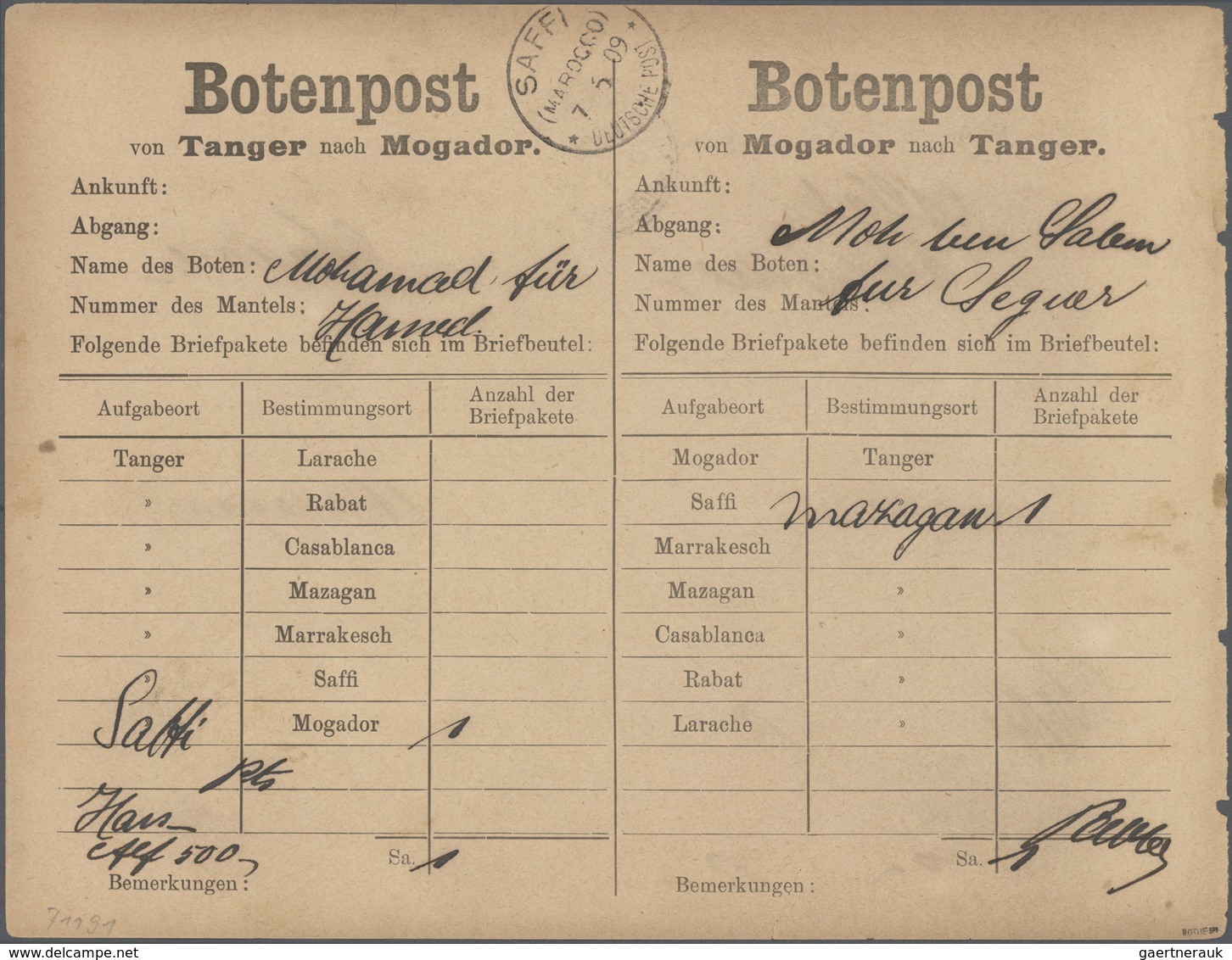Br Deutsche Post In Marokko - Besonderheiten: 1909 Botenpost-Zettel "Tanger-Mogador", Beide Seiten Am 5 - Marocco (uffici)