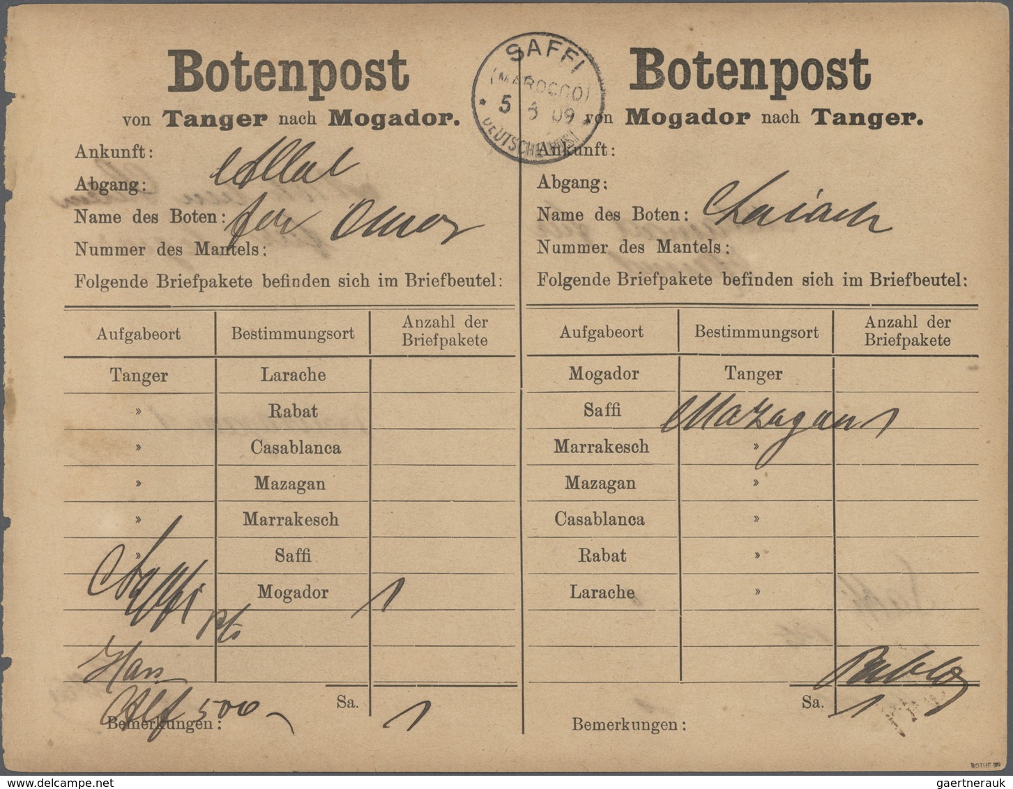 Br Deutsche Post In Marokko - Besonderheiten: 1909 Botenpost-Zettel "Tanger-Mogador", Beide Seiten Am 5 - Deutsche Post In Marokko