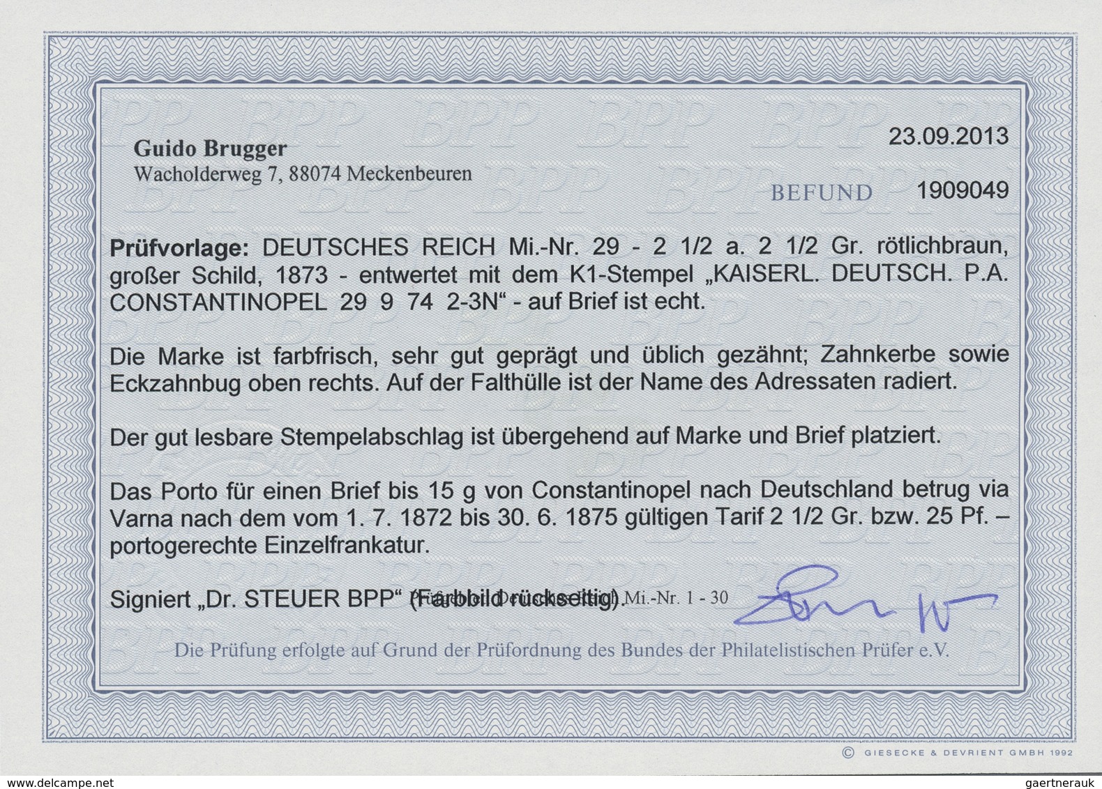 Br Deutsche Post In Der Türkei - Vorläufer: 1874, Grosser Schild "2½" Auf 2½ Gr. Auf Brief Mit Kleinem - Deutsche Post In Der Türkei