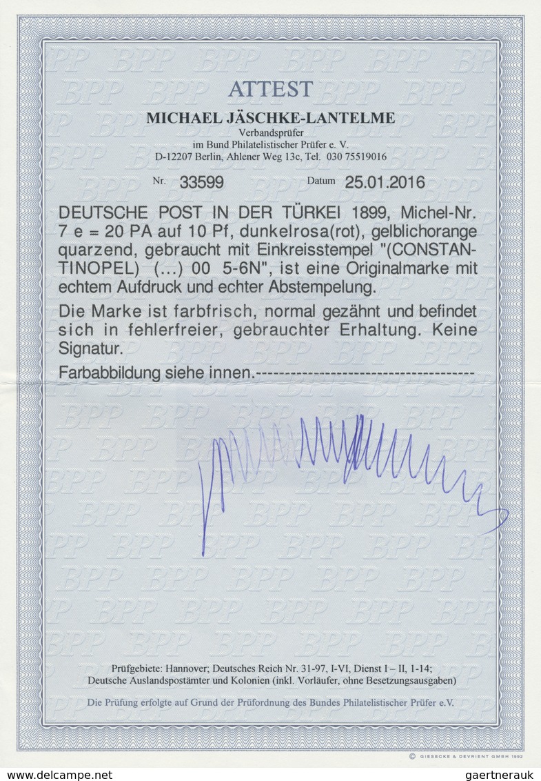 O Deutsche Post In Der Türkei: 1899, 20 Para Auf 10 Pf. Dunkelrosa, Seltenste Farbe, Farbfrisches Kabi - Deutsche Post In Der Türkei