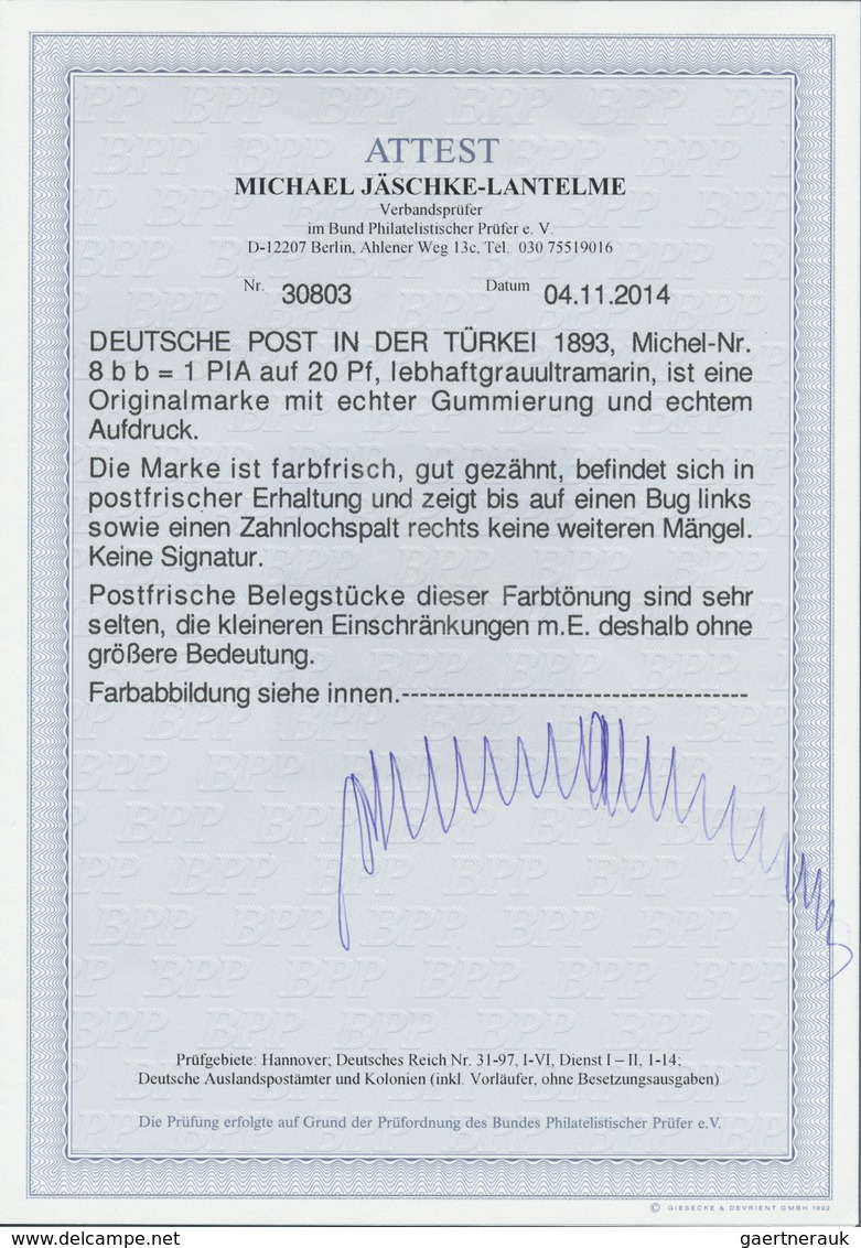 ** Deutsche Post In Der Türkei: 1899, 1 Pia. Auf 20 Pfg. LEBHAFTGRAUULTRAMARIN, Postfrisch, Links Oben - Deutsche Post In Der Türkei