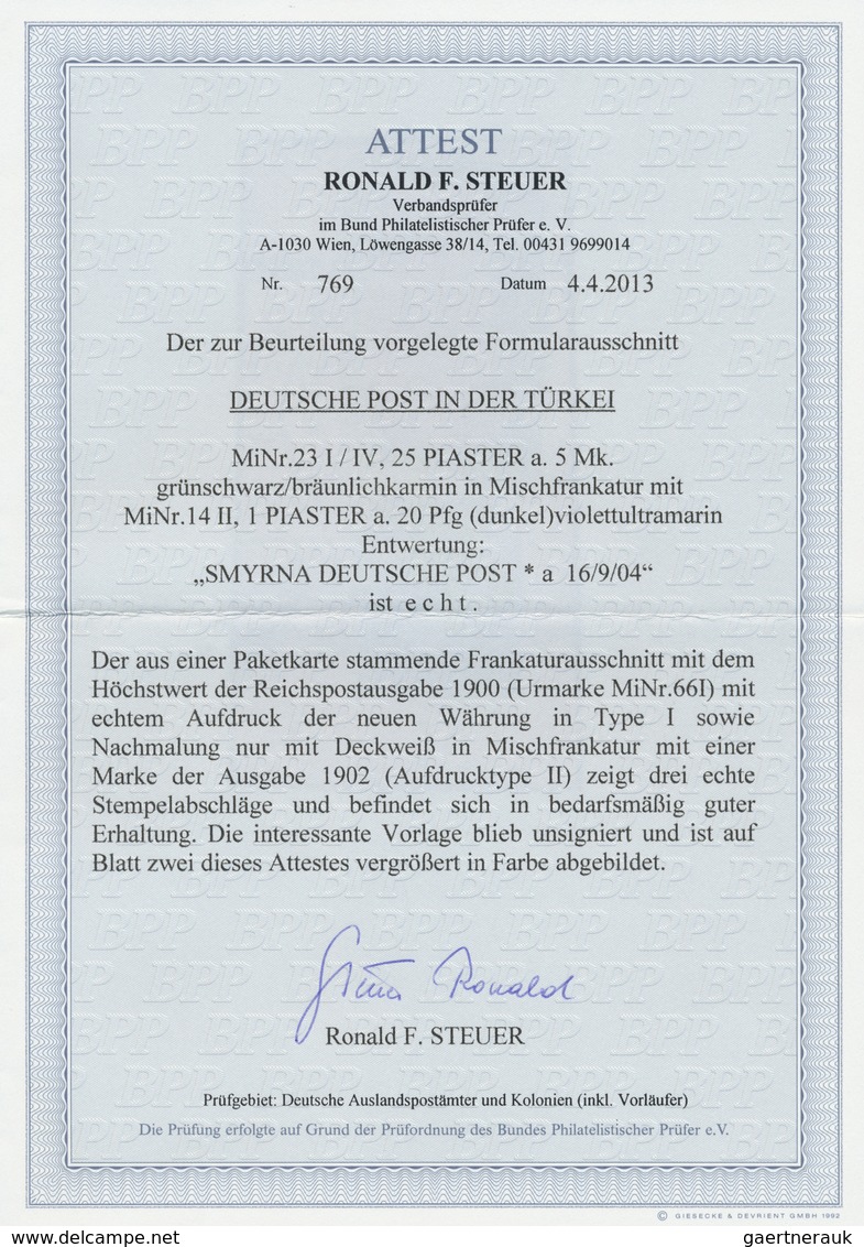 Brfst Deutsche Post In Der Türkei: 1902, 25 P Auf 5 M Reichspost Grünschwarz/bräunlichkarmin Mit Nachmalun - Turchia (uffici)