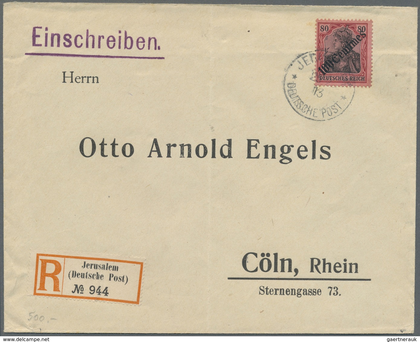 Br Deutsche Post In Der Türkei: 1913, 100 Centimes Auf 80 Pfg. Germania Als EF Auf Einschreiben Ab JERU - Deutsche Post In Der Türkei