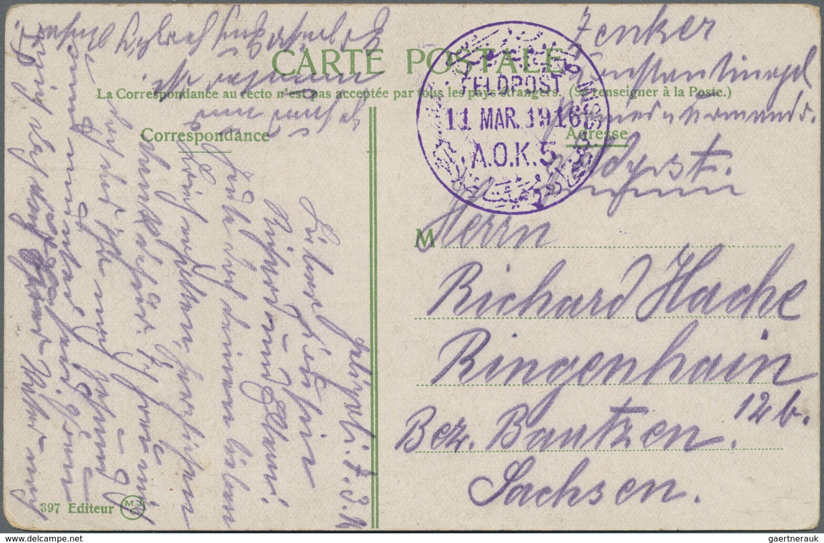 Deutsche Post In Der Türkei: 1916, "FELDPOST A.O.K. 5" Violetter 2-sprachiger Kreisstempel Auf Ansic - Turquie (bureaux)