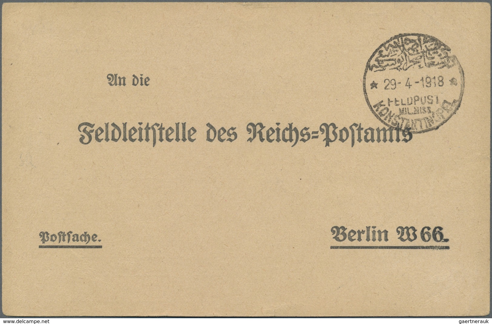 Br Deutsche Post In Der Türkei: 1918, "FELDPOST MIL.MISS. KONSTANTINOPEL" 2-sprachig Auf Vordruckkarte - Turchia (uffici)