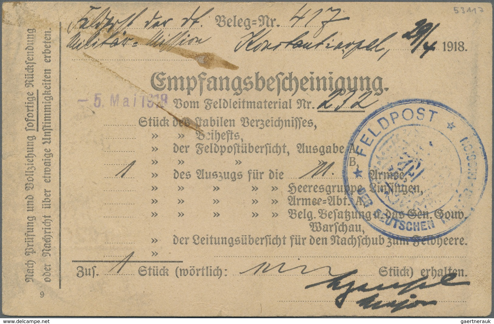 Br Deutsche Post In Der Türkei: 1918, "FELDPOST MIL.MISS. KONSTANTINOPEL" 2-sprachig Auf Vordruckkarte - Turquie (bureaux)