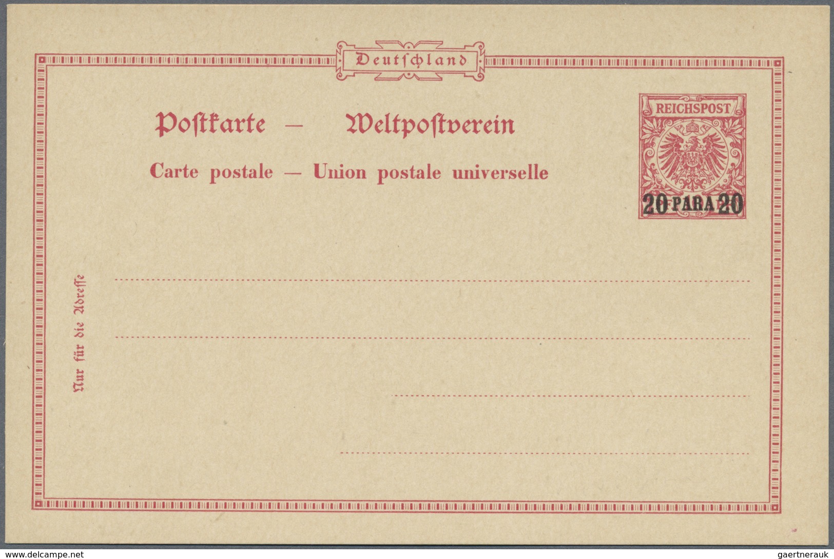 GA Deutsche Post In Der Türkei - Ganzsachen: 1899 GSK 20 Para Aufdruck Auf Seltener GSK 10 Pf Karmin Oh - Turchia (uffici)